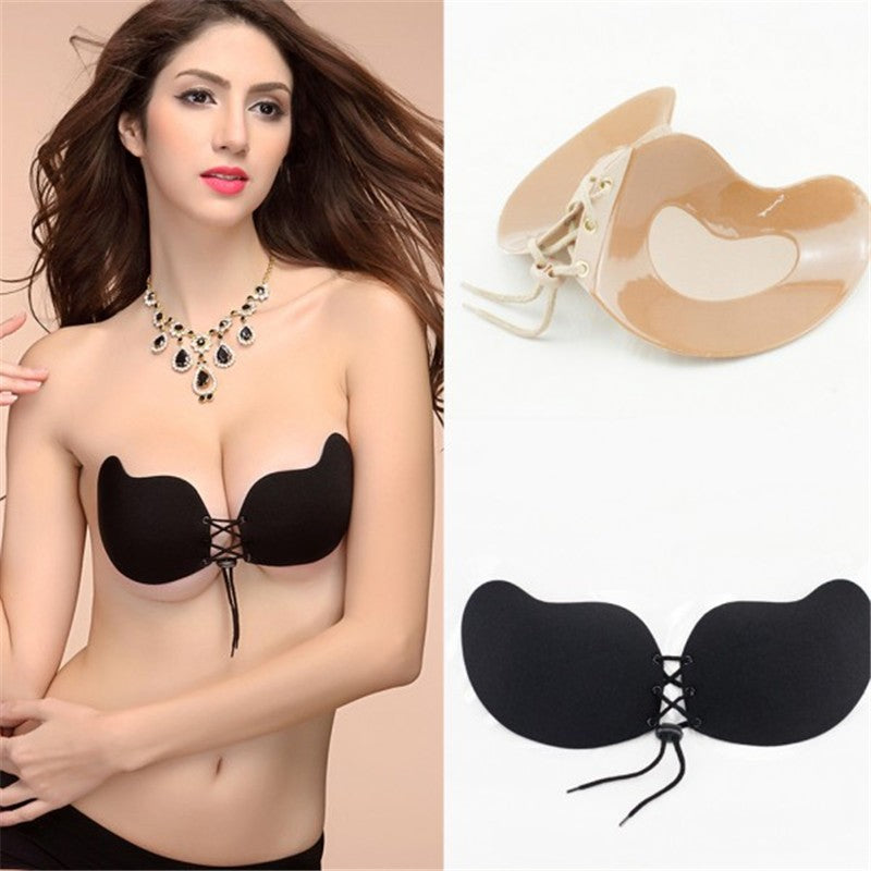 Front Lace-Up Strapless Silicone Push Up Bra for Women